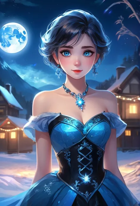 night, ((1 girl)), alone, masterpiece, 8K wallpapers, mackerel, absurd, High quality background, Short hair, black hair, multicolored hair, Beautiful frozen village, (Full moon bright moon), blue dress, detailed dress, Jewelry dresses, (Magic:1.2), blue fi...