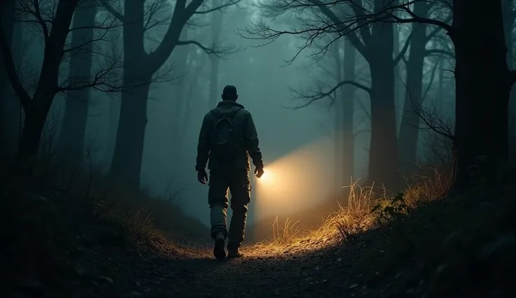 A hunter in a dark holding a flashlight, hes facing away from the camera and lighting the way in front of him, moody atmosphere, dramatic shadows, nature, trees, amateur photography.