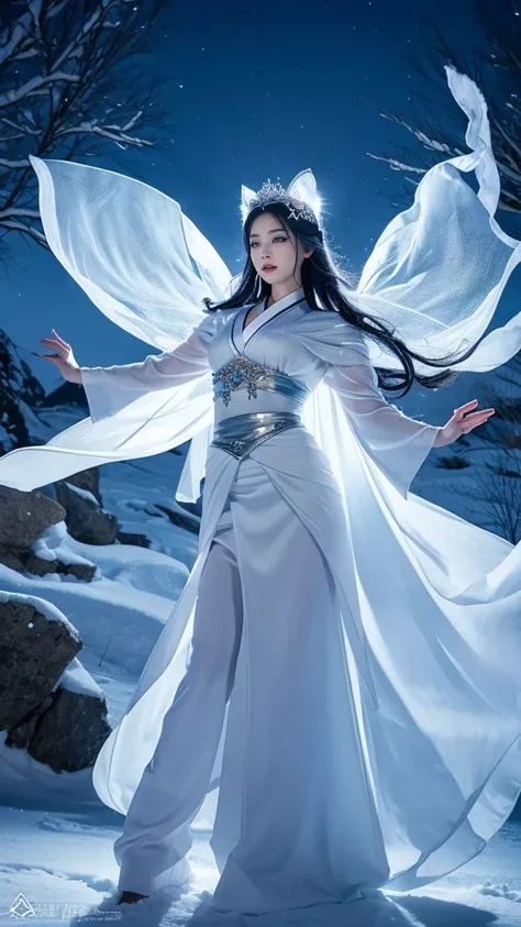 The Snow Princess exquisitely tailored kimono clings to her lithe form, the shimmering fabric in icy shades of blue and silver accentuating her graceful movements. There is an undercurrent of danger and mystery that emanates from her, hinting at the formid...