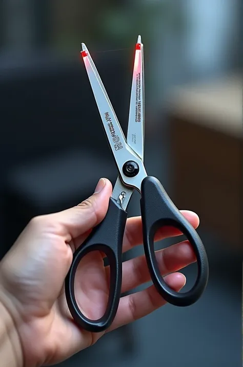 The Laser-Guided Scissors feature a laser pointer mounted on the top edge of the handles, projecting a straight line onto the material being cut. This laser guidance ensures precise, straight cuts by aligning the cut path with the projected line. The sciss...