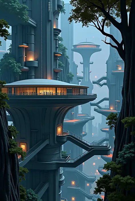 detailed scenery, hospital, night scenery, near the city built on giant trees connected by huge stairs, perfect lighting, name plate "Interastral Operations Squadron Hospital "