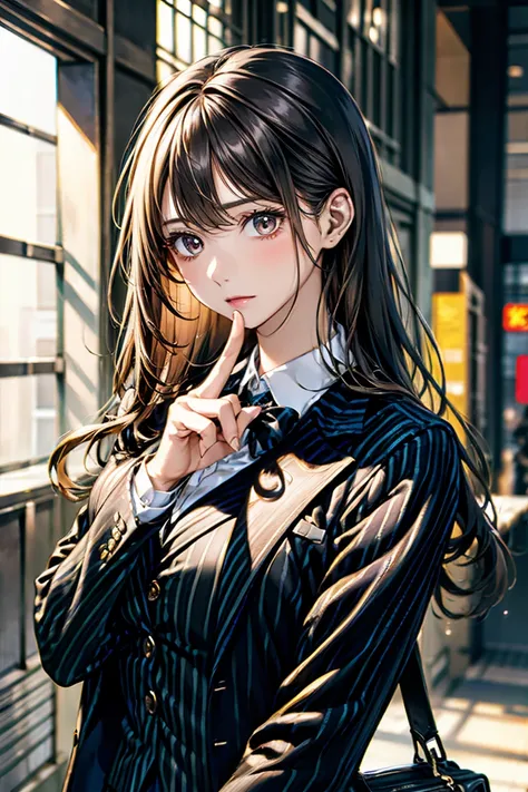 masterpiece, 最high quality, High resolution,alone, Accurate human body、Knowledgeable person、Correct five-finger,Large Breasts,Cleavage,Straight long hair,Close up portrait of woman holding purse and handbag, Wearing a fashion suit, high quality suit, weari...