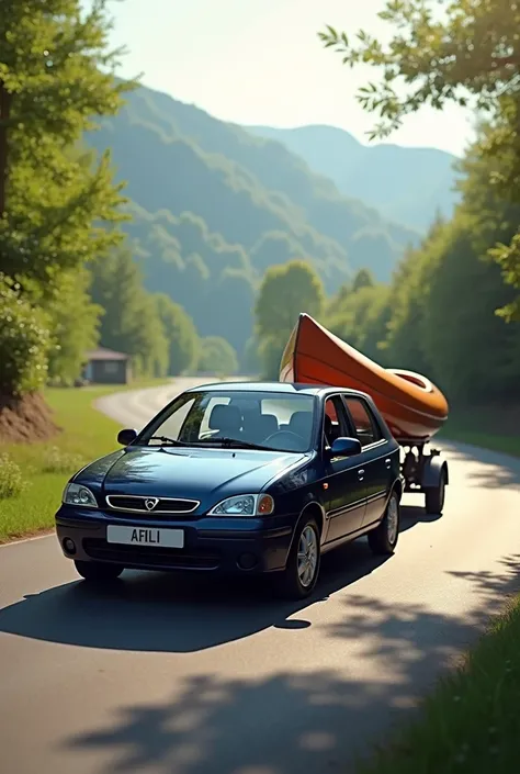 1999 navy blue astra hatch pulling a canoe on the trailer