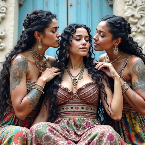 An unusual yet intriguing scene set within the sacred precincts of an ancient mayan office. Three younger,mature,Eldery mexican mayan ladies, adorned in vibrant, traditional mayan dress, stand out against the dark, mystical backdrop. Their unnaturally blac...