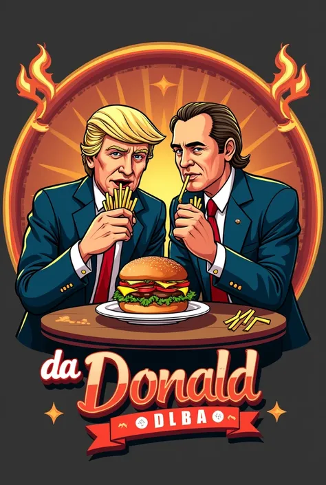 Make a logo for my restraunt named "donald da dhaba" logo should consist of donald trump and Johnny sins eating burger fries, Johnny sinss character should match with real johnny sins and restaurant name should be visible 