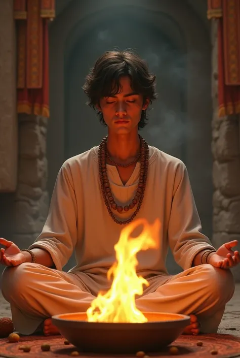 A boy of 20 years with hairs a little longer wearing rudraksha mala sitting in front of a havan kund which is burning 