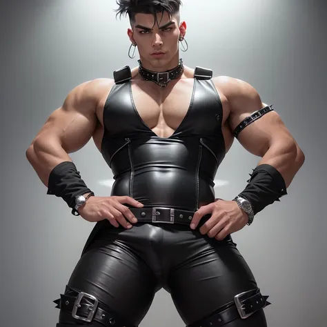 A muscular young man wearing tight black leather pants that fit like a second skin, highlighting his strong legs and hips. He wears a sleeveless red leather vest with a deep neckline, revealing part of his well-defined torso. His outfit is accessorized wit...