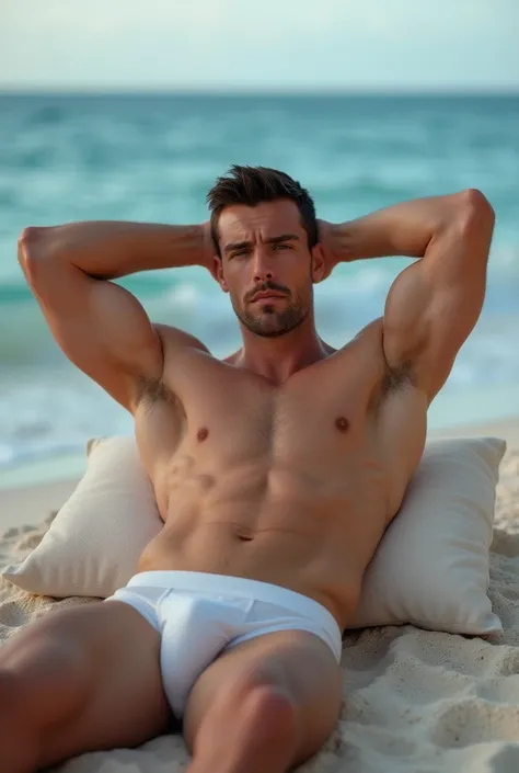 shirtless white man laying down, front angle, at beach, tight underwear, pink nipple, muscular body, hands behind head pose