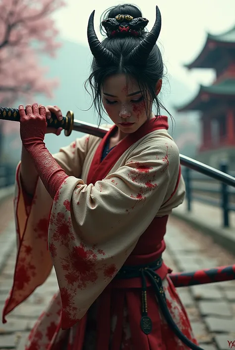 Wounded Geisha holding a katana wearing a oni mask