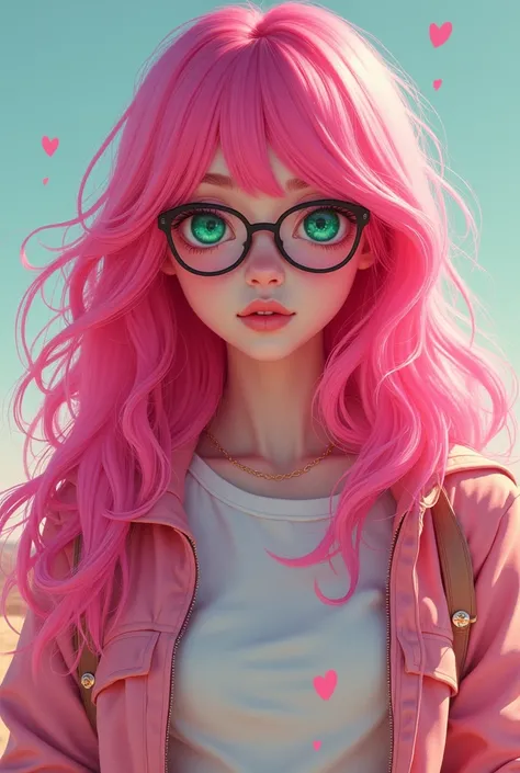 A full-length girl, , with bright pink hair and green eyes In glasses