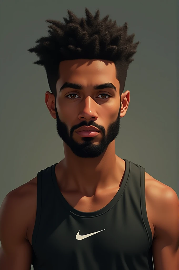 A tall, tanned boy of North African origin with a black beard and light brown almond-shaped eyes. Wearing a Nike vest