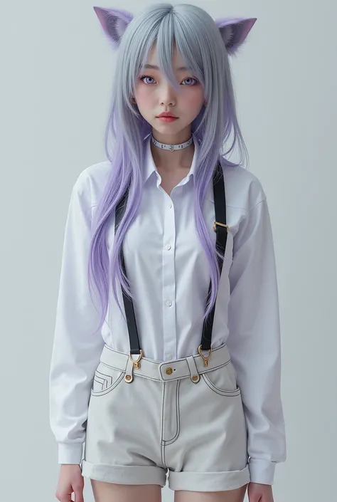 He has long hair with a gradient from gray to lavender from the crown of his head, lavender eyes, a white shirt with a harness, and shorts.

