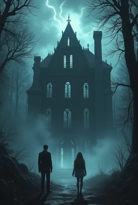 Create a dramatic thumbnail featuring a large, ancient mansion shrouded in mist and surrounded by dense, dark trees. The mansion should have broken, eerie windows and heavy doors. Include a dark, ominous sky with flashes of lightning or an eerie glow. In t...