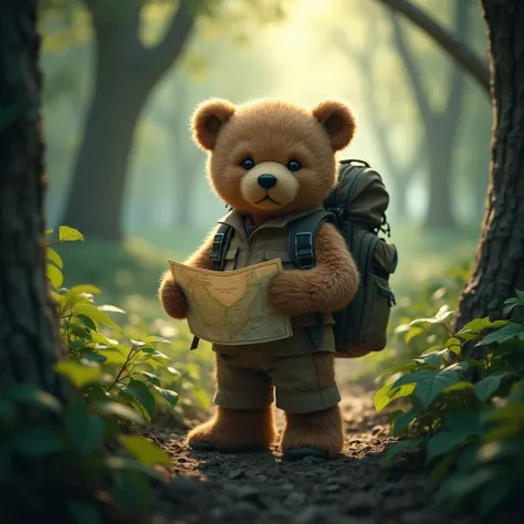 In a mysterious forest, a brave teddy bear is exploring, carrying a backpack and holding a map. The forest is full of unknowns and adventures. The colors are mainly composed of the green of the forest and the exploration equipment of the teddy bear. The li...