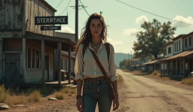 Scene: Valeria arrives at a small, weathered town. She stands in front of an old general store, looking around with apprehension. The store’s faded sign swings gently in the wind, and the streets are almost deserted, adding to the sense of isolation and my...