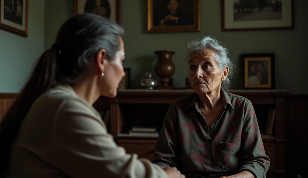 Scene: Inside a dimly lit room filled with old photographs and furniture, Valeria and Isabel sit across from each other. Isabel, a woman in her late 70s, with gray hair pulled back, looks at Valeria with an expression of recognition and sorrow. The room is...