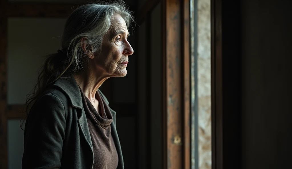 Scene: Victoria, a woman in her late 50s, opens the door to her cabin. Her face is gaunt and weary, with long, gray hair loosely tied back. She looks like an older version of Elena, and there’s an air of sadness around her. She stares at Valeria, who stand...