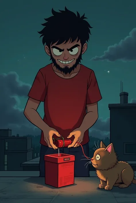 A boy with small French beard in red t-shirts with evil laugh takes out a red coloured bomb from his red colored box and tries to tie it to the brown small little kitten on rood in the night ai image 