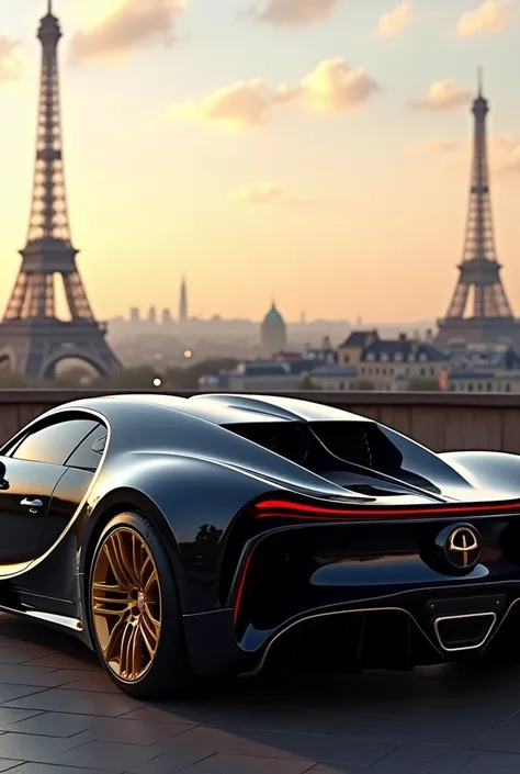 Bugatti la voiture noire in black with golden rims from behind and Paris in the background