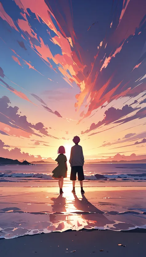 「Please draw a calming Ghibli-style landscape.。At the beach at sunset、There is a boyish girl with pink hair.。she、It&#39;s like I&#39;m going to fall asleep right away、It creates a calm and dreamy atmosphere.。」