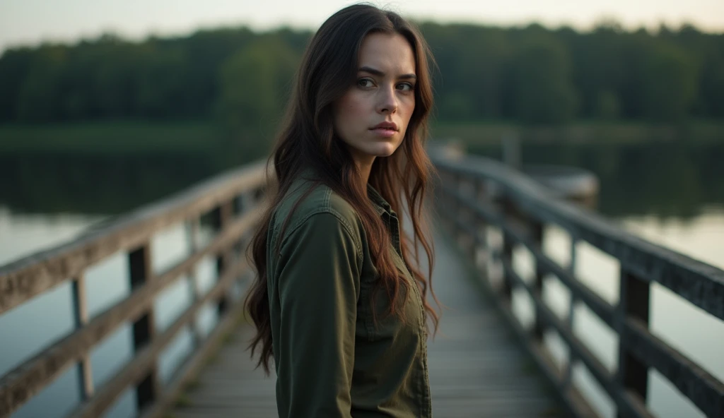 Scene: Flashback of a younger Elena, around her 30s, standing at a wooden bridge overlooking a quiet lake. She gazes into the distance, her expression solemn, as if burdened by invisible secrets. The soft evening light reflects off the water, casting her i...