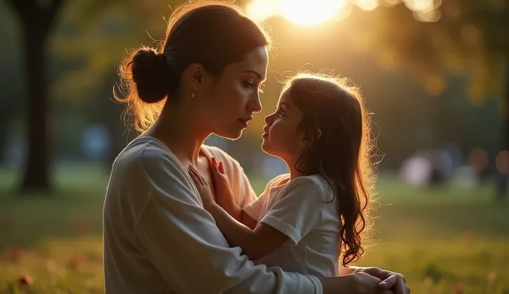 Scene: Valeria and Sofía sit together in a small park, with Sofía on her lap. Valeria gently holds her daughter, gazing at her with a bittersweet smile, knowing the truth she carries but finding solace in Sofía’s innocence. The late afternoon sun bathes th...