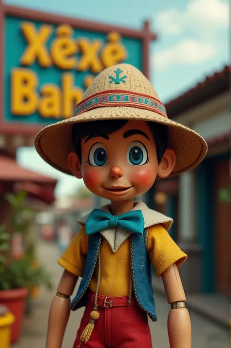 Pinocchio with a squint wearing a northeastern hat in the background a sign that says Xexé Bahia 