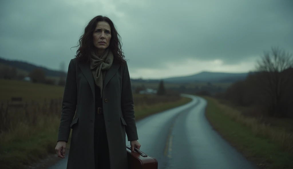 Scene: Flashback scene of Valeria’s mother, Elena, walking away from her childhood home, a small suitcase in her hand. Her expression is pained, but determined, as she leaves the town and Victoria behind. The sky is overcast, and the road stretches out bef...