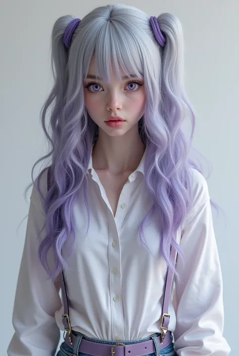 He has long hair with waves in a gradient from gray to purple from the crown of his head, purple eyes, a white shirt, harness, and shorts. He is an adult and human.

