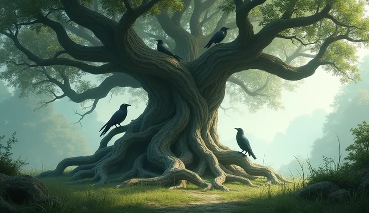 A massive, twisted tree in the center of a clearing, with roots stretching like claws and crows perched ominously.