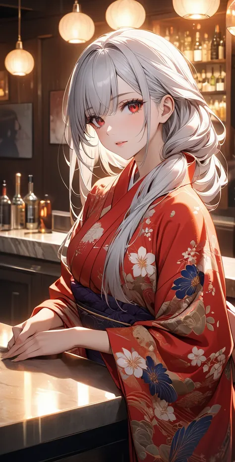 Ultra high resolution, rich colors, perfect image, top quality, detailed image, beautiful woman, glowing skin, texture of skin and clothes, delicate eyes, stylish bar, counter, kimono, long silver hair, red eyes