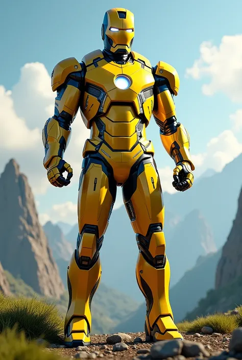 Iron Man with yellow and black armor, representing the state’s sky and vegetation, ultrarealistic, Full HD, 8k, 9:16, realism