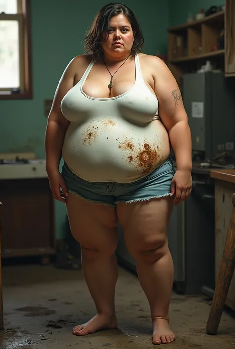 an overweight woman, huge saggy tits, Spada, with little hair, dressed in a white tight mini , which has oil stains and some old, torn pants