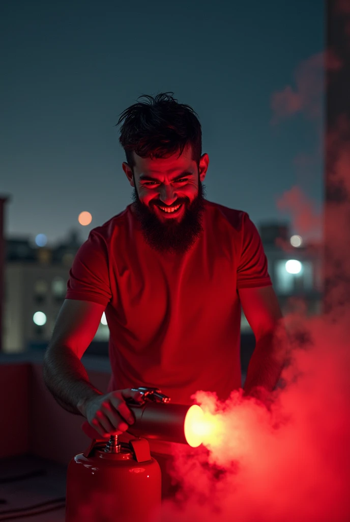 A boy with small French beard in red t-shirts with evil laugh takes out a red coloured bomb from his red colored box on rood in the night 