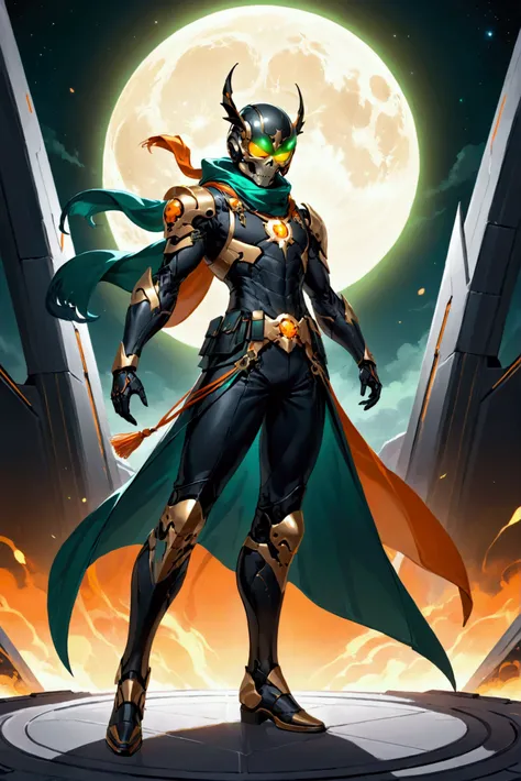 One third of the screen faces the full moon　Wearing an orange glowing scarf、Wearing modern dark green full body armor over a black bodysuit　He is wearing a helmet with a combination of skull and insect designs.、Skull２cut, Wearing glowing green goggles　Arou...