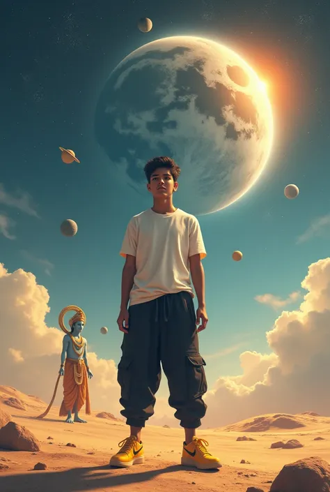 A indian  18 years boy wearing white shirt and black bhagi pant  he standing in earth up 
space  backround stars sun 9 planet he wearing yellow nike sneaker shoes the backround was big kirshna17feet standing and keeping chakra in his hand 