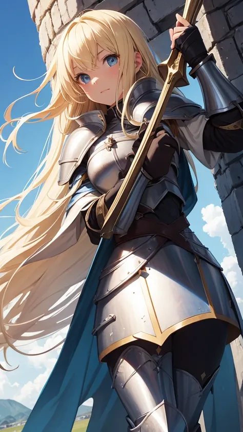 Girl, blonde, long hair, full plate armor, Excalibur, holding it up high, loose and fluffy, Middle Ages, clumsy, blue sky, strong wind