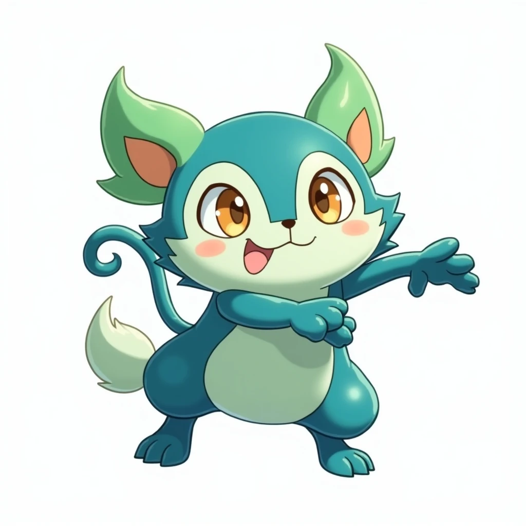 Fakemon, white background, high qualiy, Pokémon (creature), looking to the side, attack pose, creature rattata, Anime Art, rpg maker mv, cor azul e verde, fofo