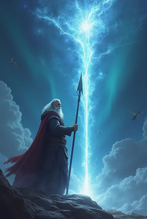 Odin releasing a huge beam from gungnir towards the sky realistic image 