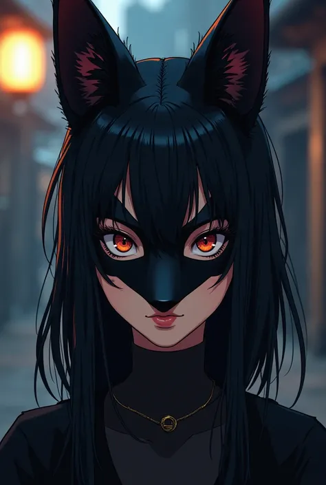 A woman disguised as a man with a black fox mask covering half of her face. Anime