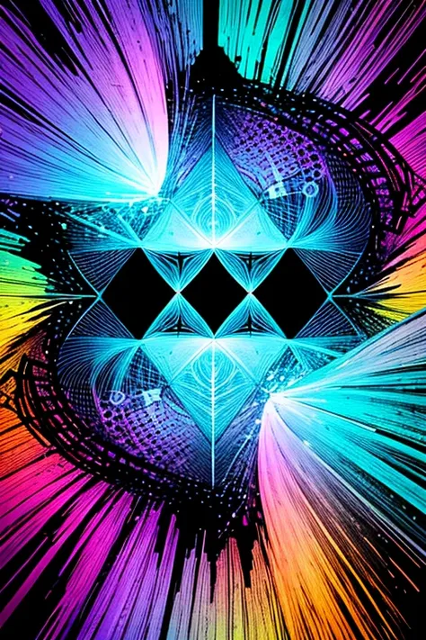 digital illustration, epic checkered squares op art style, checkered squares are turning and twisting, hooded figure with dagger like claws coming out of the center, vivid hues and tones, rainbow gradient overlay effect, fantasy