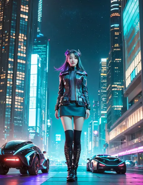 Masterpiece,high resolution,8k,Perfect Face,Perfect body。Futuristic costume mini skirt、Panties of a healthy, flushed 20-year-old woman。Future city skyscrapers。A realistic live-action Hollywood drama。