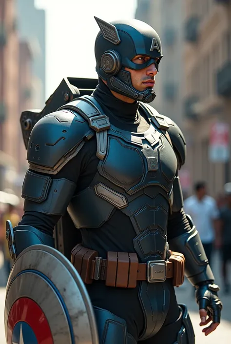 create a superhero with these characteristics: Miguel wears light armor, reinforced with steel plates at strategic points, which provides protection without compromising your mobility. He wears a helmet with a visor that can be lowered for additional prote...