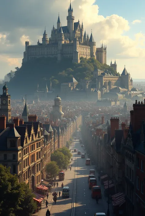 create a picture of a castle on top, and city below super big in the monarchy in London, I want the houses to be a little bigger and have a slightly industrial feel and shops 