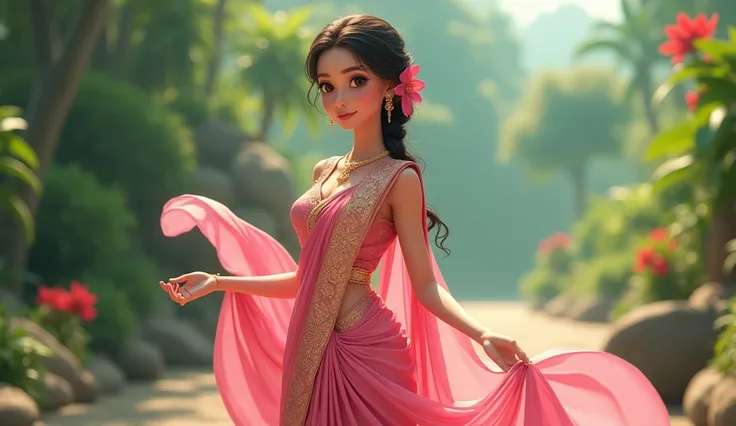 An ethreal fair tall goddess of 25 perfect figure, in pink saree in banarasi style and intricate blouse, and no crown and pallu on head in beautiful exotic garden, french braid, glowing face, Detail, Best Quality, Blush, Wide Shot, small Hair Flower, Minim...