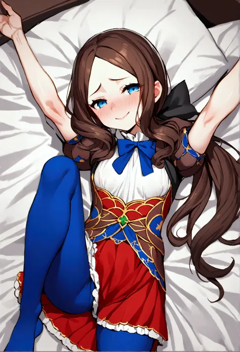 NSFW,masterpiece,Highest quality,High resolution,Very detailed,Leonardo da Vinci(Fate/grandorder),blue eyes, Long Hair, Brown Hair, Side Lock, Low Ponytail, ribbon, dress, White shirt, Puff sleeves, Short sleeve, Red Skirt, Cape, Blue Pantyhose,Small breas...