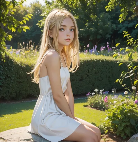 create an image of a young caucasian girl in a garden in a white minimal dress sitting on a rock, blonde hair, closed mouth,