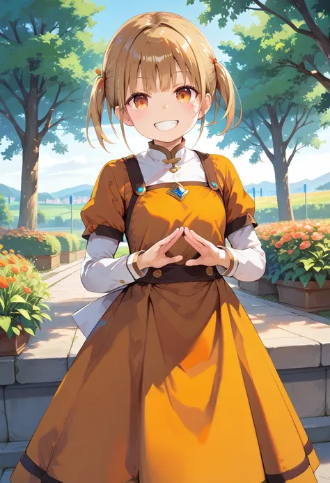 score_9, score_8_up, score_7_up, source_anime, masterpiece, absurdres, perfect face, solo cute expression, perfect face, MotiyukiP, 1girl, solo, ((masterpiece,best quality)), 4k, highres, 1girl, solo, smile, brown dress, (perfumer outfit2:1.2), 