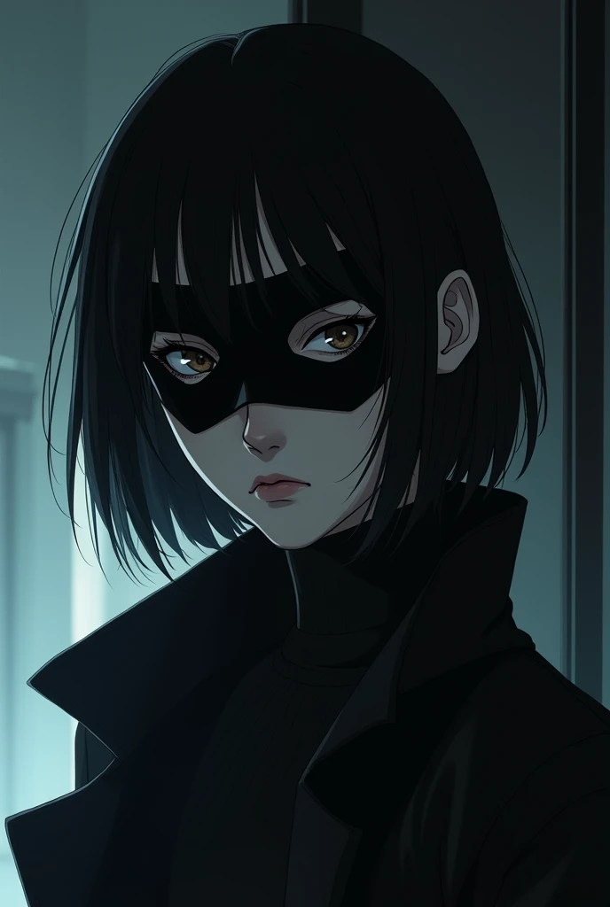 A woman disguised as a man, wearing a black mask covering half of her face, anime