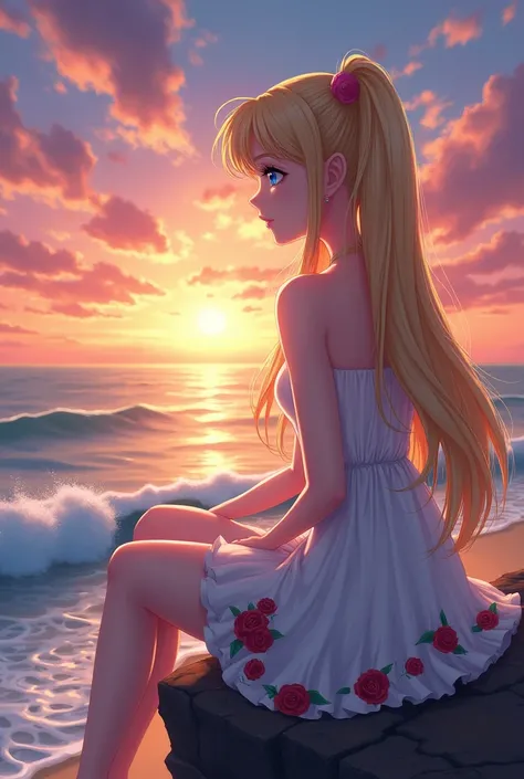 A woman with ankle-length blonde hair tied in two pigtails ( sailor moon) blue-eyed girl wearing a white strapless dress, with red roses printed on her skirt sitting on a rock watching the sunset that is painted in beautiful colors and the waves hitting th...